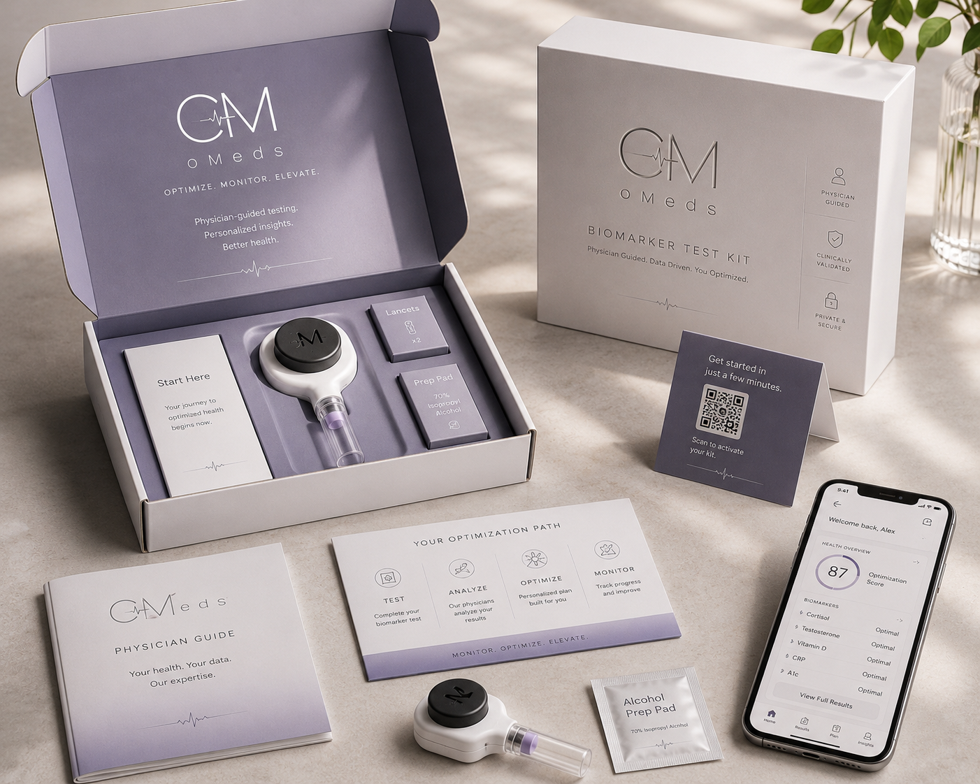 oMeds biomarker panel — lavender unboxing with collection device, provider guide, and member dashboard preview