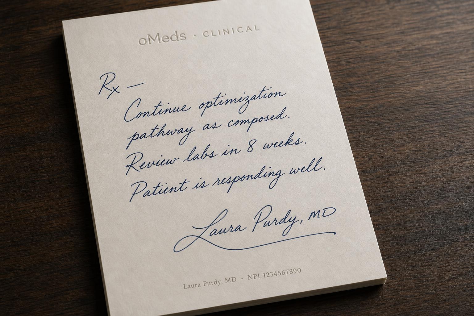 A handwritten clinical adjustment note from Dr. Laura Purdy — adaptive care, not a static prescription.